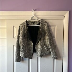 Banana Republic Black & White Textured Blazer with Faux Leather Detail - Size 10